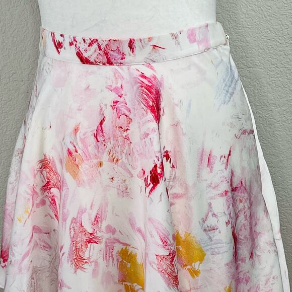 BCBGMaxAzria Asymmetric Tiered Satin Multi Pink White Marbled Midi Skirt Medium - Picture 6 of 13